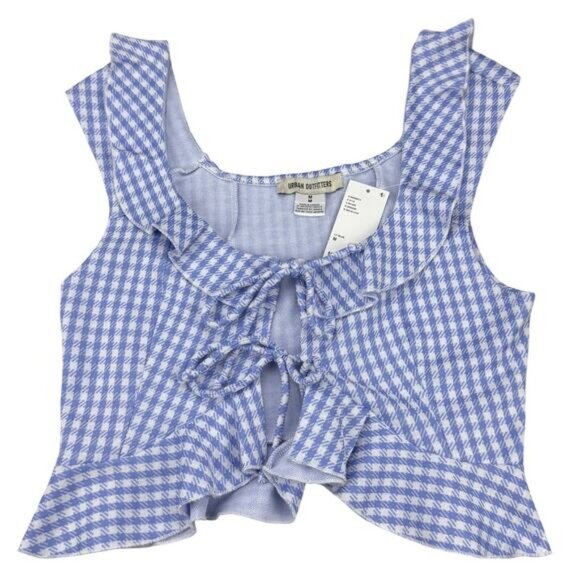 NWT URBAN OUTFITTERS Ilene Gingham Tie-Front Top Sz Medium Blue - Picture 6 of 9